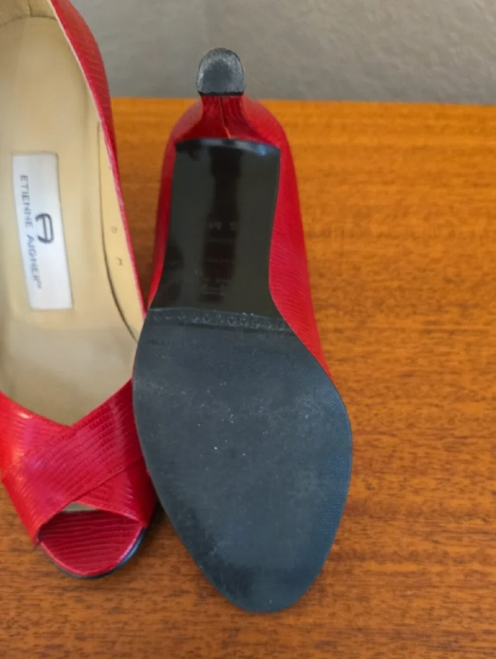 Etienne Aigner Red Peep-Toe Leather Heels